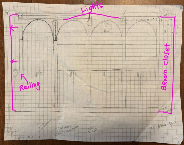 Grid paper with pencil sketches of 4 IKEA Billy Bookcases with arched facing and misc. project notes